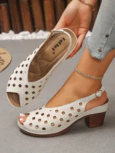 Women's Fashion High Heel Sandals, Chunky Heel, Strap Design, Peep Toe, PU Leather, Rubber Sole, Sexy Style, 7cm Heel Height, Fashionable Heeled Sandals