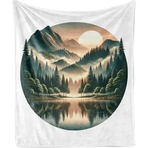 Lunarable Custom Personalized Art Graphic Landscape Throw Blanket, Sunset Hazy Mountain Ridges Lake Reflections Forest Trees Design, Soft Flannel Fleece Couch Accent Cover for Adults, 50"x70", Dark Teal Peach Green, Custom Blanket, Personalized Blankets