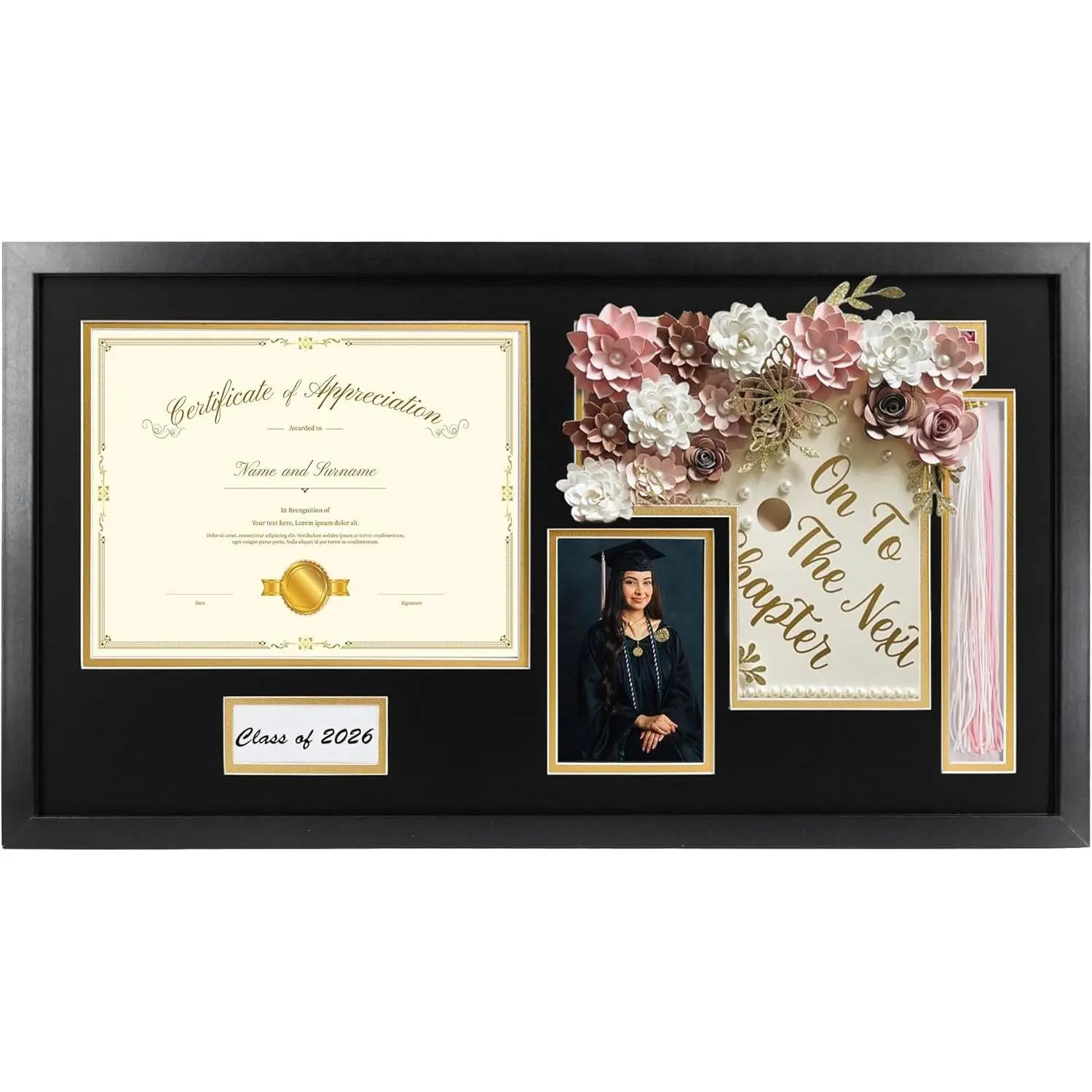 14x26 Black Shadow Box Diploma Frame with Graduation Cap & Tassel Holder for 8.5x11 Diploma and 4x6 Photo with MDF Wood and Plexiglass, Black Over Gold Mat for Wall, Graduation Keepsakes