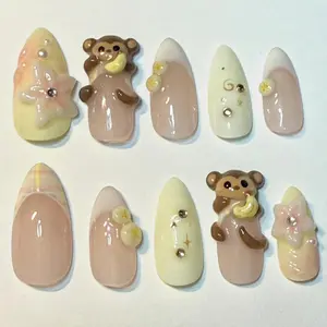 Chic Nail Studio Banana Bear Press-On Nails, 3D Monkey & Banana Charms, Pastel Yellow & Pink Gradient Tips, Cute & Sweet Mood, Custom Press-On Nail, Cozy Handcrafted Art, Soft Girl Look