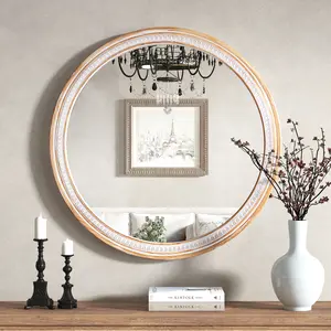 ARCH 30" Round Solid Wood Farmhouse Wall Mirror,Rustic Boho Circle Decorative Mirrors for Bathroom,Shabby Chic Wall Mounted Mirror for Bathroom Vanity Living Room Entryway
