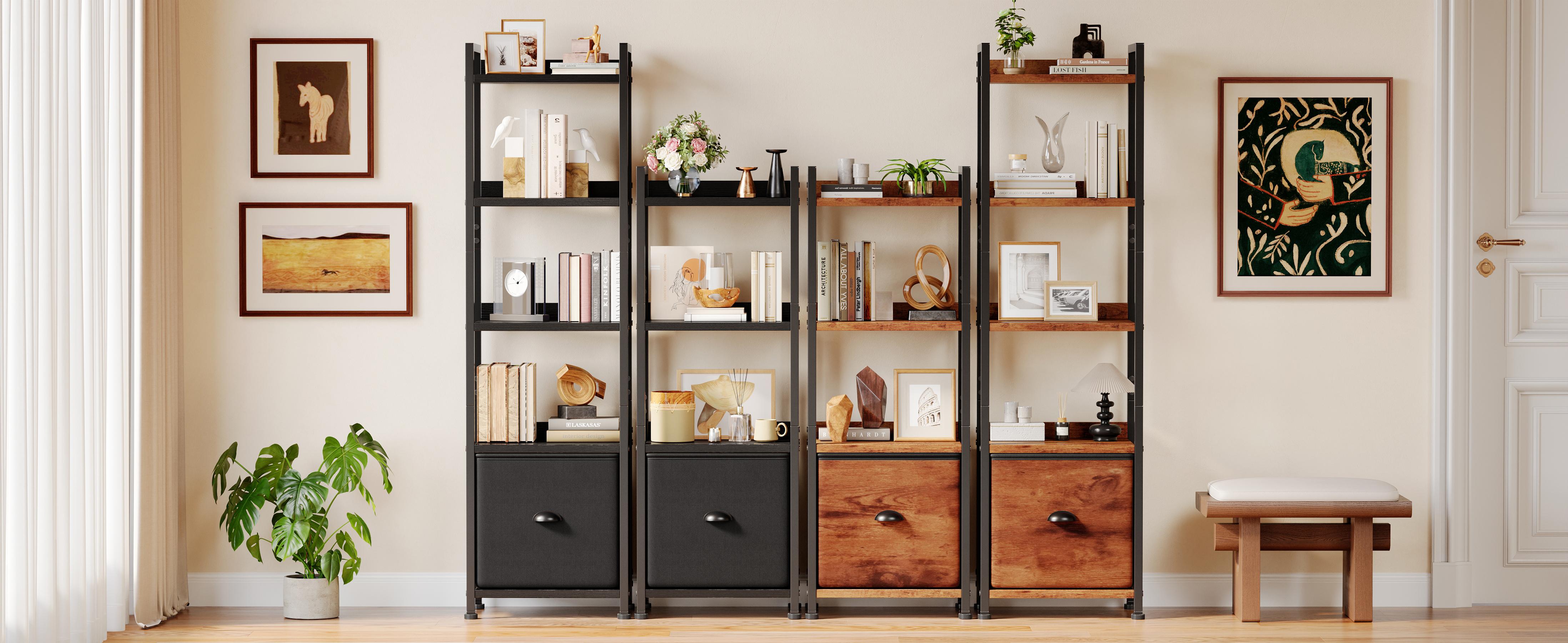 Slim Bookshelf with Fabric Drawer, Tall Narrow Wood & Metal Storage Shelf Unit, Space Saving Bookcase for Living Room, Bedroom, Office Slim Bookshelf with Fabric Drawer, Tall Narrow Wood & Metal Storage Shelf Unit, Space Saving Bookcase for Living Room, Bedroom, Office