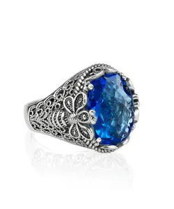 Filigree Art Bee Detailed Blue Quartz Gemstone Women Silver Statement Ring