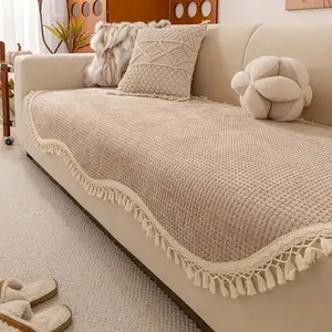 FUZONI Classic Style Chenille Sofa Cover with Tassels, Machine Washable, Pet-Friendly Non-Slip Furniture Protector for Armchair, Loveseat, 3-Seater, 4-Seater, and Sectional Sofas, Sofa Slipcover - Comfortable Home Decor All-Season