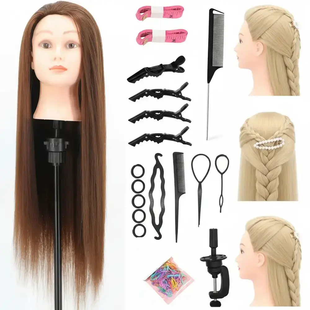 Hair Styling Training Head Bundle, Fawn Brown 28 Inch and Light Blonde 24-26 Inch with Clamp, Braiding Tools, Finishing Comb, and Hair Accessories for Women and Girls