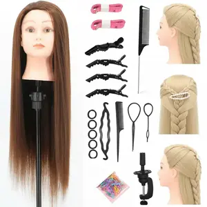 Hair Styling Training Head Bundle, Fawn Brown 28 Inch and Light Blonde 24-26 Inch with Clamp, Braiding Tools, Finishing Comb, and Hair Accessories for Women and Girls