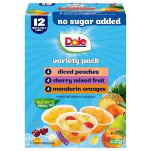 Dole No Sugar Added Variety Pack Diced Peaches Mandarin Oranges & Cherry Mixed Fruit 4 oz Bowls 12 Pack Healthy Snacks