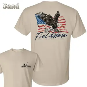 Fieldstone American Flag T-Shirt - Bald Eagle Over American Flag Graphic, Small Pointer Dog Chest Logo, Patriotic Outdoor Lifestyle, USA Holiday Weekend Wear, Gift For Eagle Lovers And American Pride Fans - KitchenEra