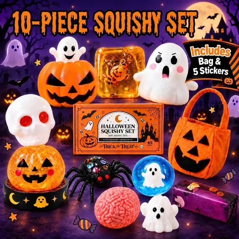 10-Pack Halloween Squishies Toys Set with Gift Box & Pumpkin Bag, Slow-Rebound Stress Relief Fidget Sensory Toys for Ages 14+, Whimsical Spooky Anxiety Stocking Stuffers, Party Favors, Whimsical Gifts
