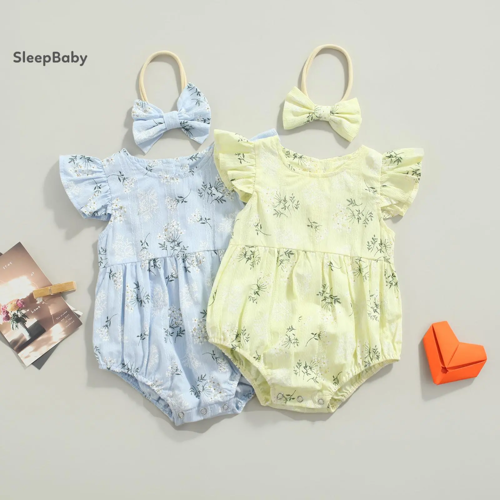 Baby Girl's Cute Floral Romper, Soft Cotton 2-Piece Female Outfit with Fly Sleeves and Bowknot Headband, Summer Daily Wear Set 0-24M, Shopping, Casual