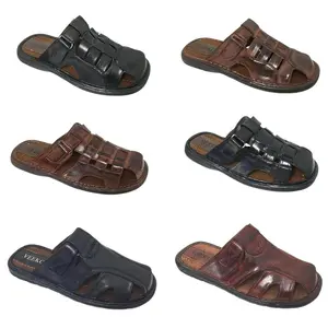 Mens Slides Sandals Closed Toe Hook and Loop Fisherman Slipper Summer Casual Faux Leather Flip Flops Sizes 7-13 Black Brown