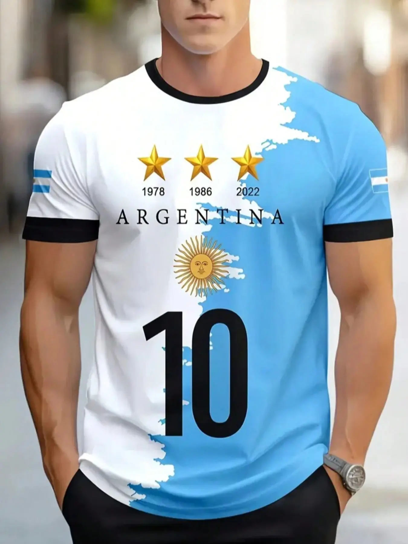 Men's Argentina National Team Football T-Shirt, Sports Top, Athletic Tops, 3D Geometric Design, Sun & Number 10 Pattern, Blue Color, Breathable Round Neck Football Jersey, Soccer Tee