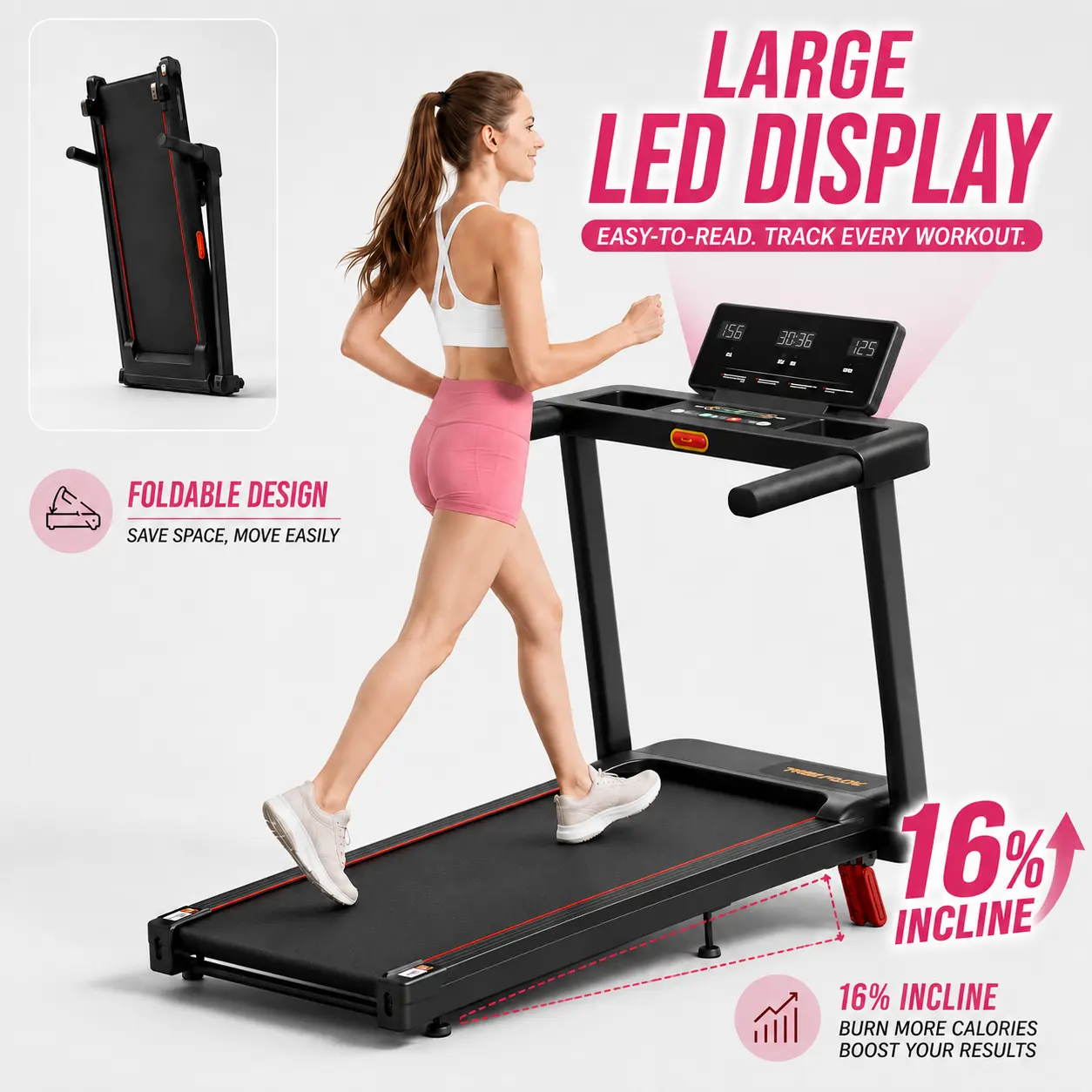 JC Foldable Handrail Adjustable Incline Treadmill, Low Noise Motor Walking Pad, 265lbs Weight Capacity, Remote Control & Wheels for Easy mobility, Dual Shock Absorption System Home Gym Equipment, Home Workout Equipment