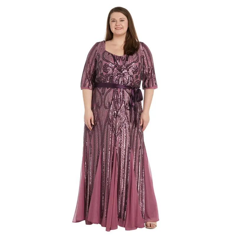 formal r&m richards dresses R & M Richards Women's Lace Two-Tone Halter Midi Dress - Mauve/Black main image 1