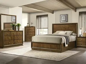 FM7213WN-4PC Kirkham Walnut Finish Wood Paneled Headboard Queen Bedroom Set with Nightstand Dresser Mirror Eastern King Available