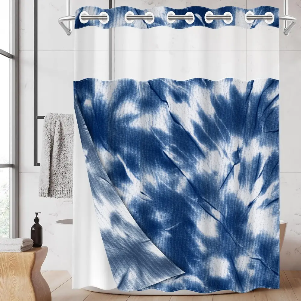 1pc hookless shower curtain, Decorative shower curtain with buckle lining, blue and white tie-dye textured pattern design, 2D flat printing, fabric waterproof lining, see-through double-layer shower curtain, 71 x 74 inches, modern home draping curtain
