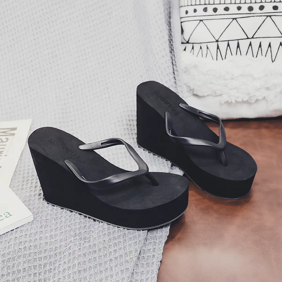 Women’s Dopamine Color Wedge Platform Sandals - Thong Toe Slip-On Beach Ready Footwear, Trendy for Vacation, Street Style, Available in Light Pink, Blue, Black Platform Sandal, White, Casual Stroll