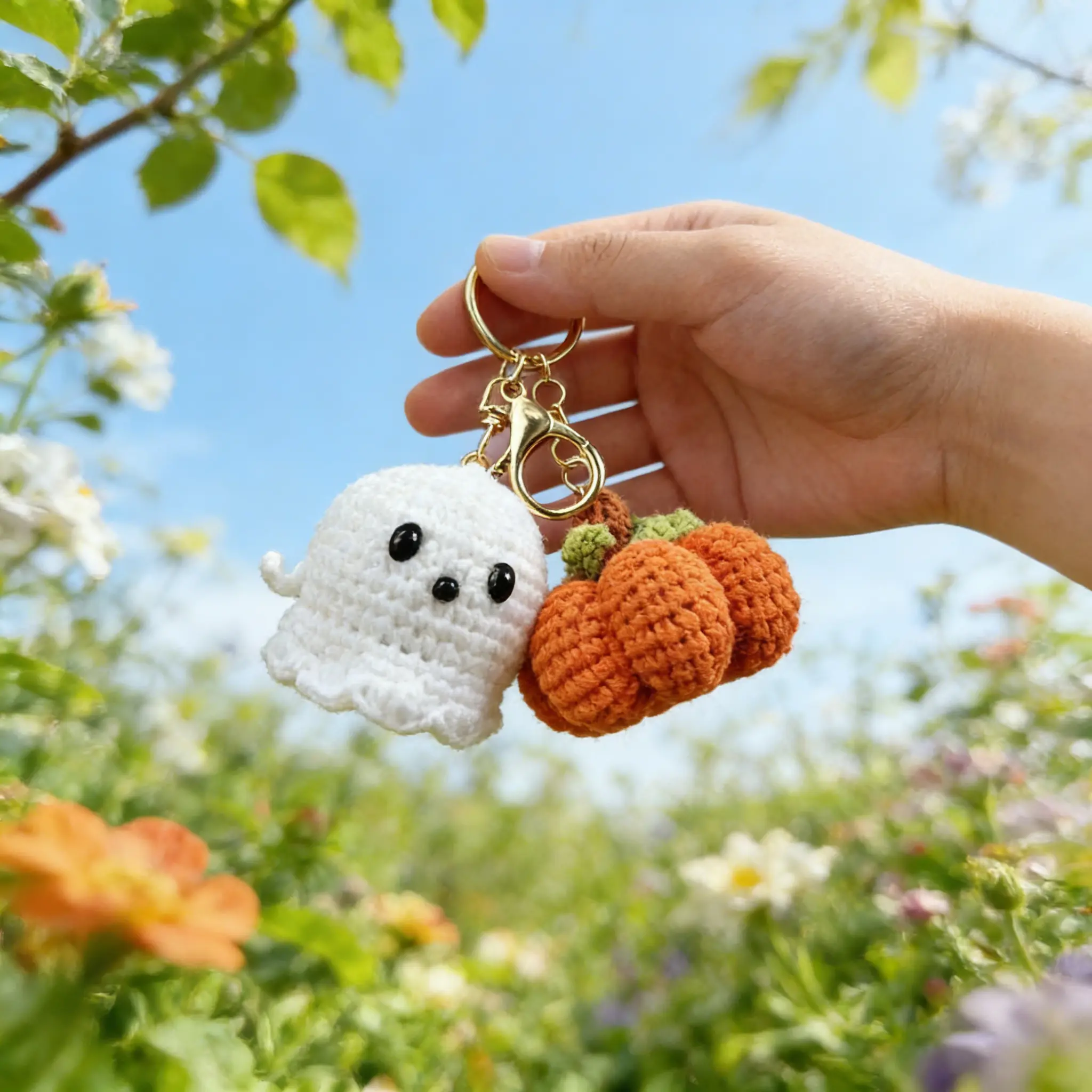 Crochet Ghost and Pumpkin Mini Keychain - Handmade Amigurumi Home Hanging Decor, Customizable Cute Everyday Carry Accessory Gift