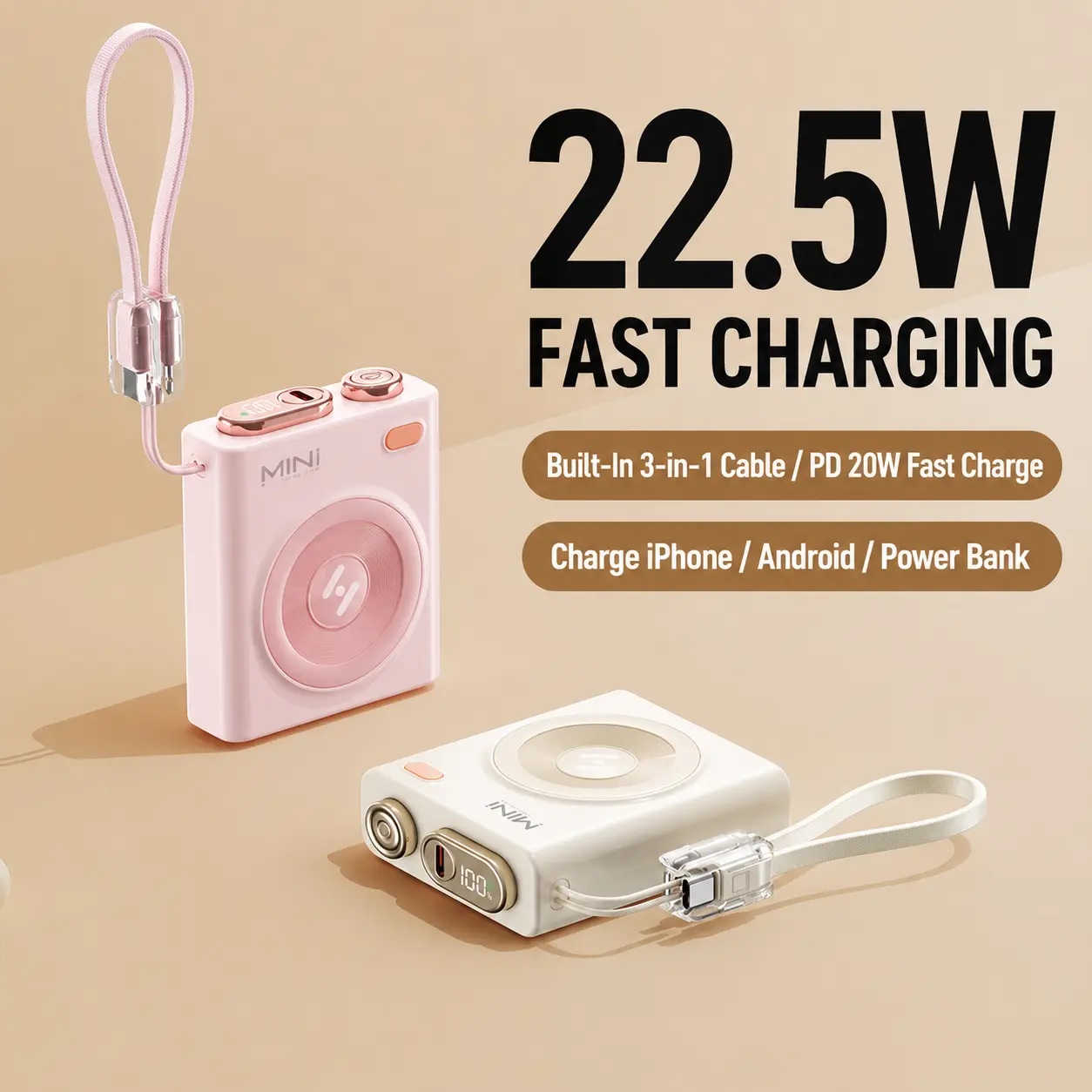 10000mAh Mini Camera Power Bank, 22.5W Fast Charging Portable Charger with Built-In Cable, Digital Battery Display and Wrist Strap for iPhone & Android