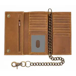 Men's Tall Trifold Chain Wallet with Snap RFID Genuine Cow Leather YKK Zipper 15 Card Slots 18-Inch Chain Secure ID Window Gift Ready