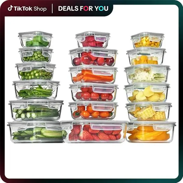 【Deals For You】Vtopmart 18 Pack Glass Food Storage Containers with Lids -Stackable Design for Kitchen Utensils Oven Microwave Freezer Dishwasher Kitchenware Lunch Compartment Grey Rectangle Airtight Meal Prep,Large Storage,summerwins,mid year sale