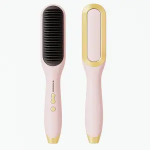 Hair Straightener Brush - Ionic Hair Brush Straightener for Women with 6 Temp Settings, Fast Heating & Dual Voltage Hair Straightening Comb, Ceramic Heat Insulation, Anti-Scald & Auto-Shut Off (Pink) - New Generation