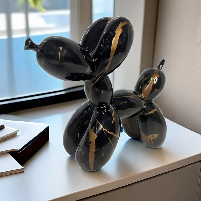 Contemporary Black and Golden Resin Balloon Dog Sculpture, Abstract Animal Statue for Home Decor, Versatile for Living Room, Bookshelf, TV Stand, Dining Table Centerpiece, No Electricity Needed, Universal Holiday Decor Ornaments