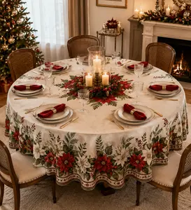 Vintage Christmas Poinsettia Waterproof Round Tablecloth Collection | Festive Red Winter Floral Design, Stain‑Resistant for Holiday Family Gatherings, Patio & Christmas Parties | Customizable With Unique Holiday Patterns