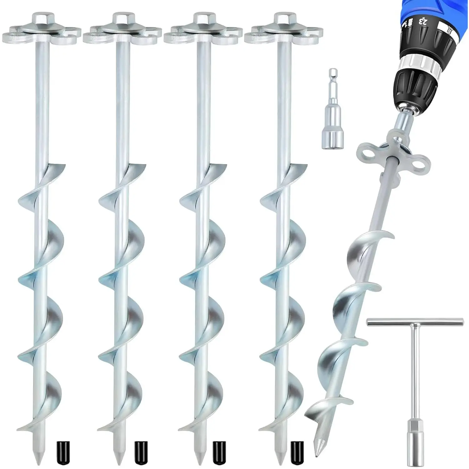 Ground Anchors Screw in - 4 Pack Spiral Tent Stakes heavy duty with Drill Socket & T-Handle, 12 Inch Trampoline Anchor with Hook & Ring Design for Tents, Sheds, Canopies, Swing Sets, Gazebo(4)