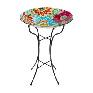 Northlight 18" Pastel Pink & Blue Flowers Painted Bird Bath