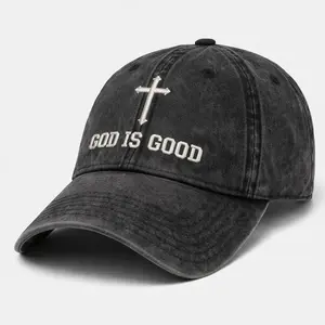 [Made-to-Order] Vintage Washed “God Is Good” Cross Cap – Christian Faith Dad Hat, Distressed Black Adjustable Unisex