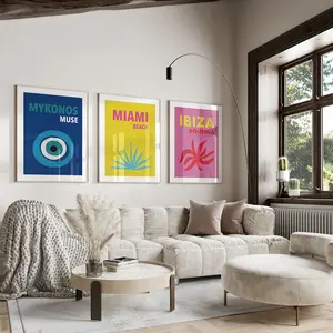Set of 3 Travel Famous Places Posters, Ibiza Mykonos Miami Beach Posters, Preppy Travel Poster, Coastal Home Décor