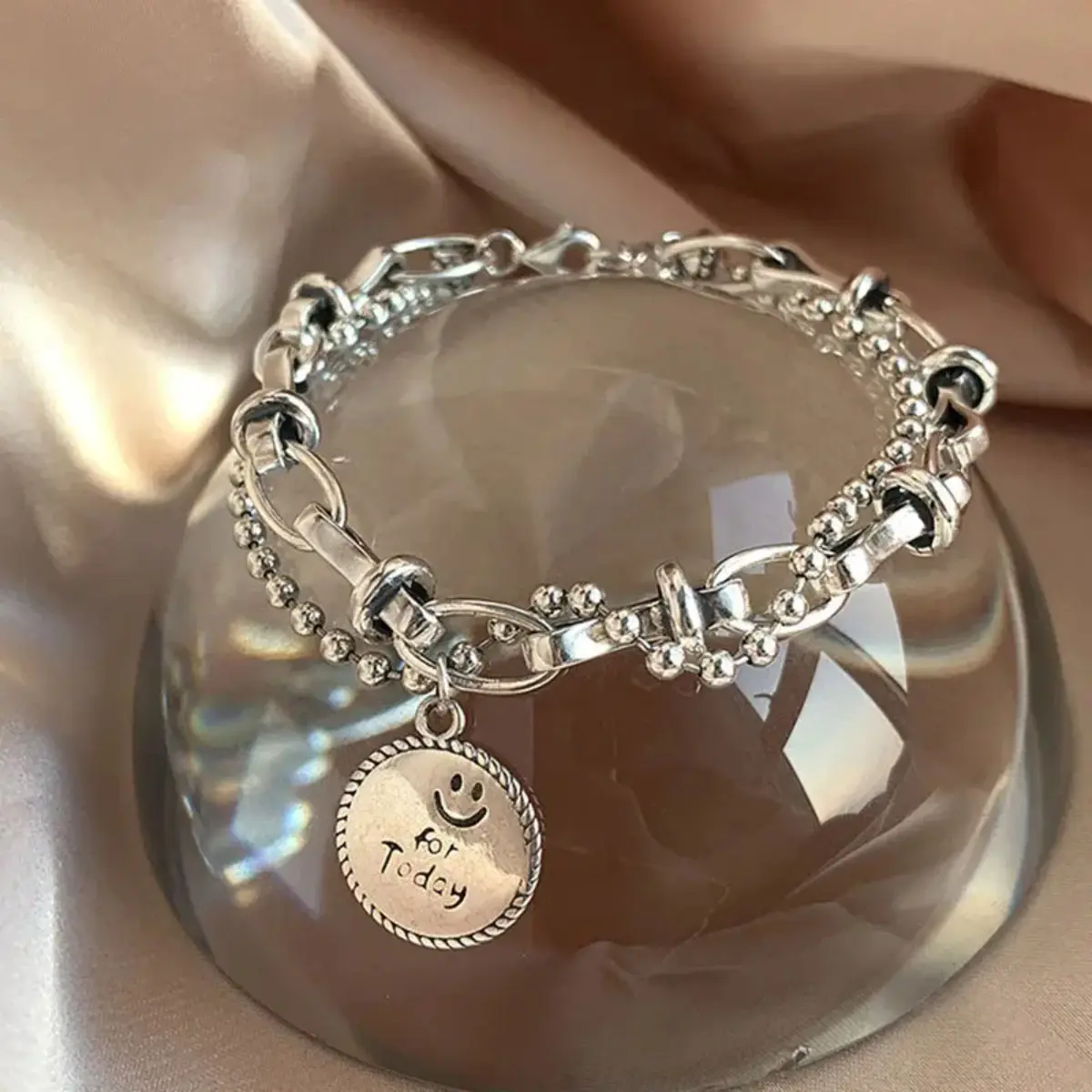 Women's Double-Layered Metal Chain Charm Bracelet - Round Card Smiley Face Pendant, Elegant + Playful Matching Sets, Unisex Fit Bracelet Stacking Accessories Bundle for Daily, Party Wear Costume Jewelry