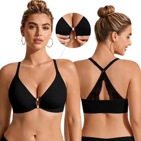 Deangelmon Women's Front Closure Lace No Underwire Bra - Wire-Free Racerback, Jelly Semi-Fixed Cups, Ventilated Holes, Nylon Blend - For Deep V-Neck Outfits, Weddings
