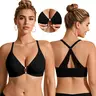 Deangelmon Women's Front Closure Lace No Underwire Bra - Wire-Free Racerback, Jelly Semi-Fixed Cups, Ventilated Holes, Nylon Blend - For Deep V-Neck Outfits, Weddings