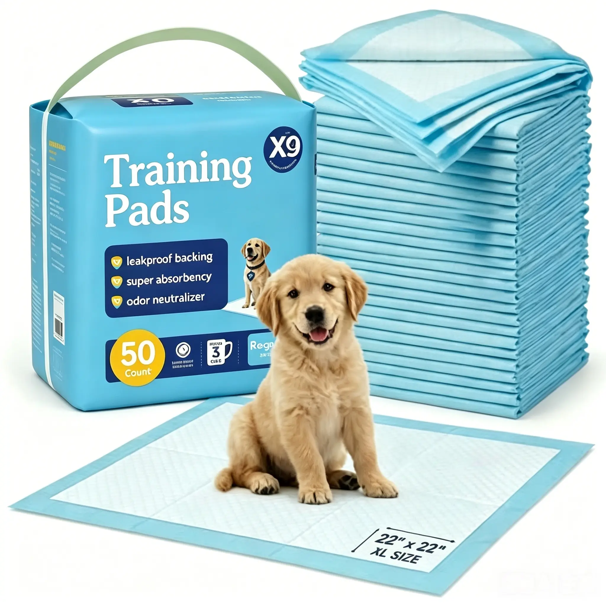 Disposable pet pads，leak proof urine pads，puppytraining pads, 5-layer quick drying absorbent pads, 22x22 "regular size, blue and white, used for dog training and floor protection