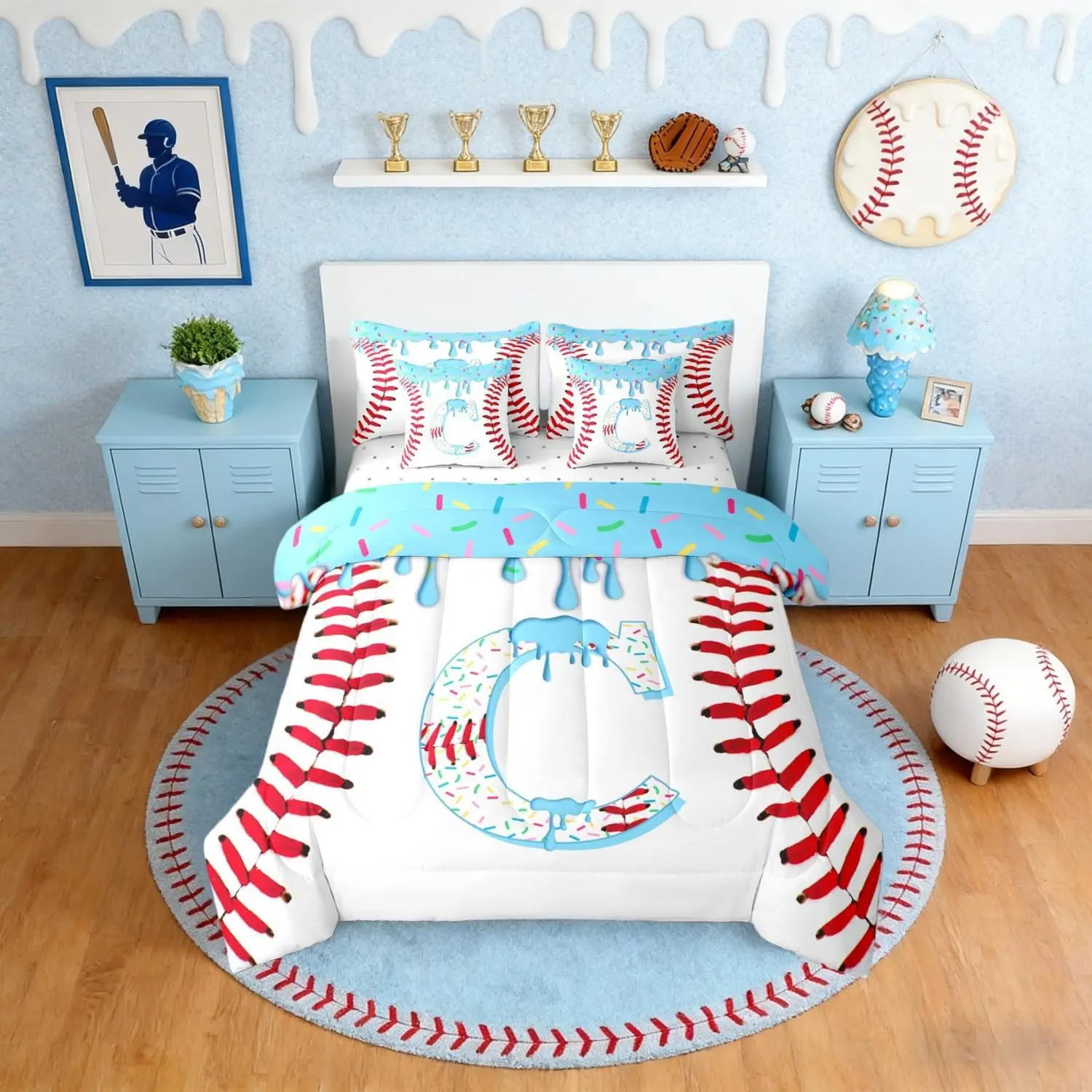 7 Pieces Baseball Initial Letter C Bedding Set Blue Ice Cream Drip Comforter Set with Sheets Adults Baseball Ice Cream Bed in A Bag Ball Game Sports Bed Sets
