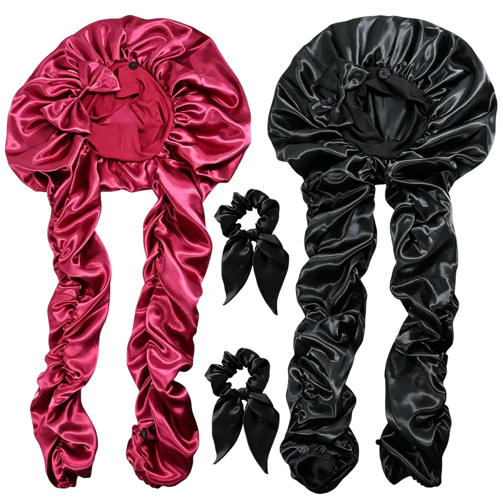 Satin Long Tail Sleep Bonnet Set, Silk Feel Hair Wrap for Braids Locs Curly Hair, Adjustable Night Cap with Scrunchies, Burgundy Black Protective Sleep Cap 4PC