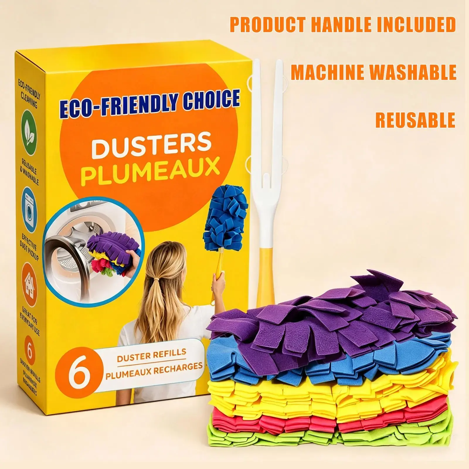 6PCS Electrostatic Duster Refills with handle, 360° Larger Multisurface Heads with 6X Microfiber Cloths,Machine Washable Reusable, Home Cleaning Products, Electrostatic Duster Cloths