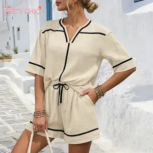 MISTY CHIC Womens 2 Piece Sets Summer Lounge Set - Casual Linen Blend Short Sleeve V Neck Shirt & High Waisted Shorts Outfit - Breathable Soft Vacation Beachwear Tracksuit,Lightweight Textured Fabric Perfect For Mediterranean Vacation