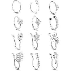 FINREZIO 12 Pcs Silvery Stainless Steel Fake Nose Rings Hoops for Women Men Trendy Fake Nose Rings Spring Clip on Circle Hoop Nose Cuff Nostril Jewelry Set Shining CZ Faux Piercing Jewelry