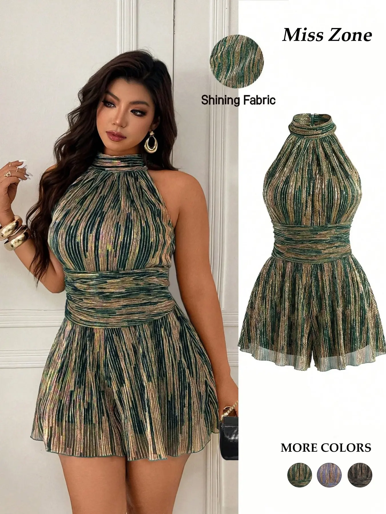 Women's Plus Size Romper, Shiny Metallic Halter Neck, Ruched Waist, Flowy Flared Shorts, Elegant Party Clubwear, Festival Outfit