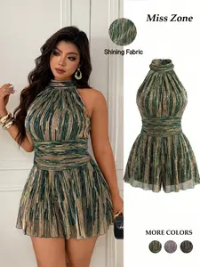 Women's Plus Size Romper Shiny Metallic Halter Neck Ruched Waist Flowy Flared Shorts Elegant Party Clubwear Festival Outfits Trendy