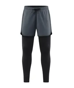 Men’s double-layer faux two-piece athletic long pants—breathable, highly elastic, moisture-wicking compression pants; lightweight loose outer shorts. Suitable for running, basketball, cycling, fitness, everyday exercise, and training.