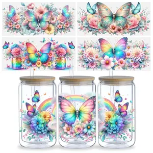 5 Vibrant Butterfly UV DTF Glass Cup Stickers, Decorative Stickers, Waterproof Punk Wipe Transfer Stickers, Suitable for 16 Oz Glasses, Cups, Crafts