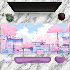 Sakura Themed Mouse Pad with Wrist Rest Set (4 PCs) Pink and Blue Large Gaming Mouse Pads Cute Mouse Pad for Desks XXL Non-Slip Rubber Base Desk Pad Keyboard Mat for Office Home Desktop Protector Decor Mousepad Desk Mat Mousepads Aesthetic Ideal for Women