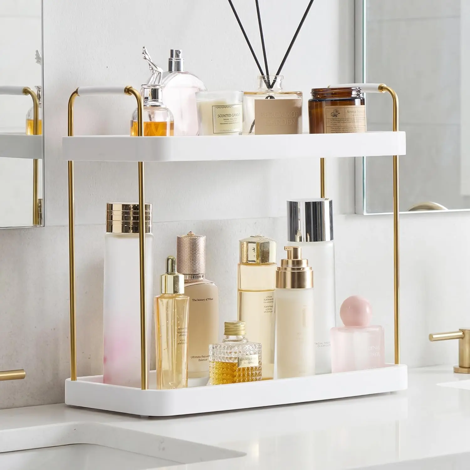 Gold 2-Tier Bathroom Countertop Organiser - Beauty Vanity Tray Rack for Storing Skincare Products, Perfumes, Cosmetics, Two Tiers