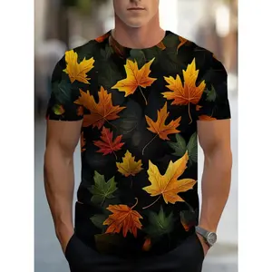 Men's Autumn Leaf Print T-Shirt - Lightweight Breathable Fabric Fall Fashion Top with Orange & Green Leaves on Black Background - Machine Washable Shirt for Everyday, Travel, Hiking - Adult Men's Clothing, Outdoor Apparel, Seasonal Design, Comfortable Fit