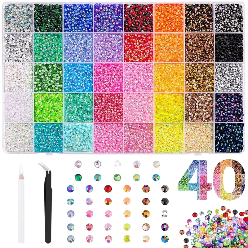 40 Color 3mm Mixed Resin Jelly Rhinestones Bedazzling Kit, Flatback Sparkle Synthetic Beads with Full Tool Set for Nail Art, Water Bottles, Sneakers, Denim Clothes, Handmade Gifts & Craft Decorations