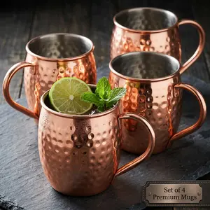 4Pcs Moscow Mule Mug Set Copper/Rose Gold Plated Stainless Steel 19.5 oz Traditional Dimple Finish Hollow Handle Bar Gift Set